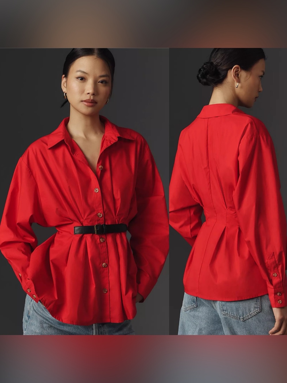 Anthropologie Belted Waist Button Down Shift Long Sleeve Red Size 12